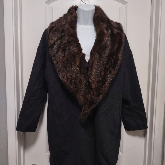 Hazel Long Black Large Button Down Wool Coat Removable Faux Fur Jacket - Picture 5 of 8